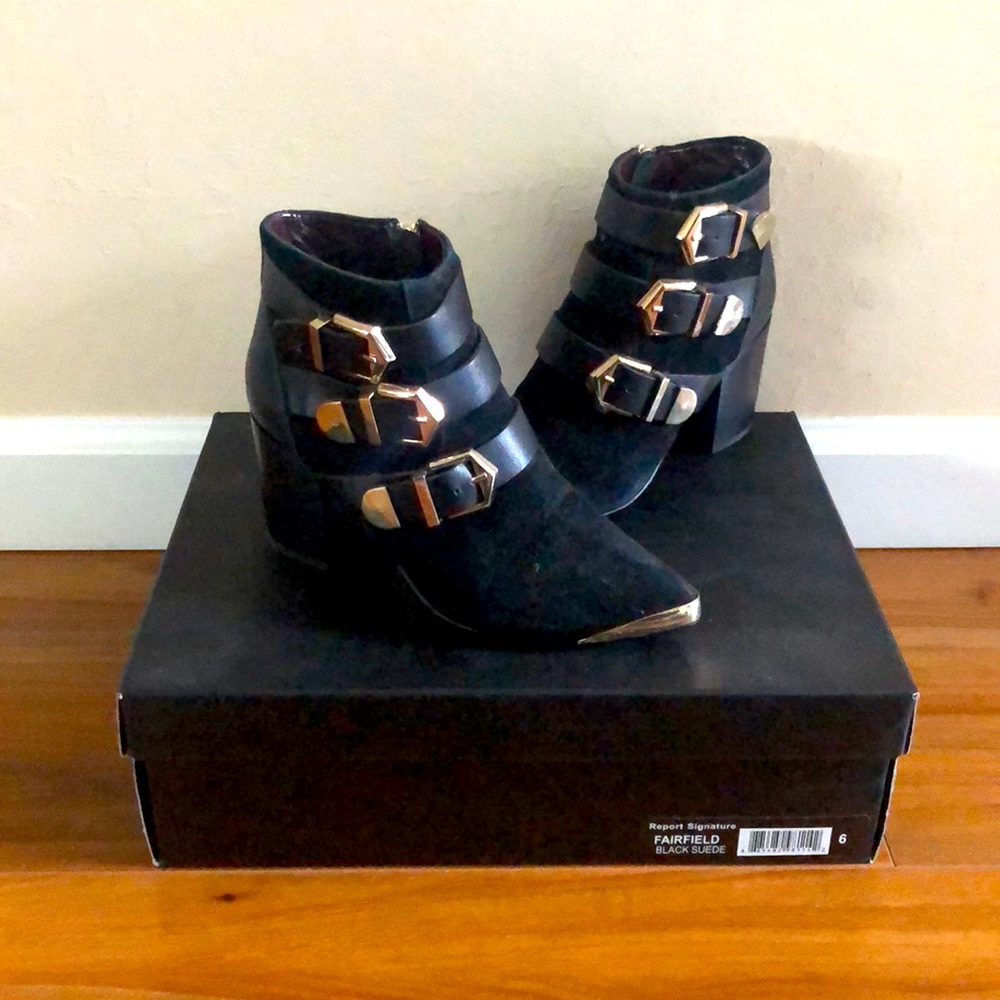 Report Signature Fairfield Buckled Ankle Booties in Black Suede